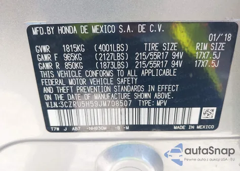 2018 Honda Hr-V Ex z USA, uszkodzony, nr VIN 3CZRU5H59JM708507